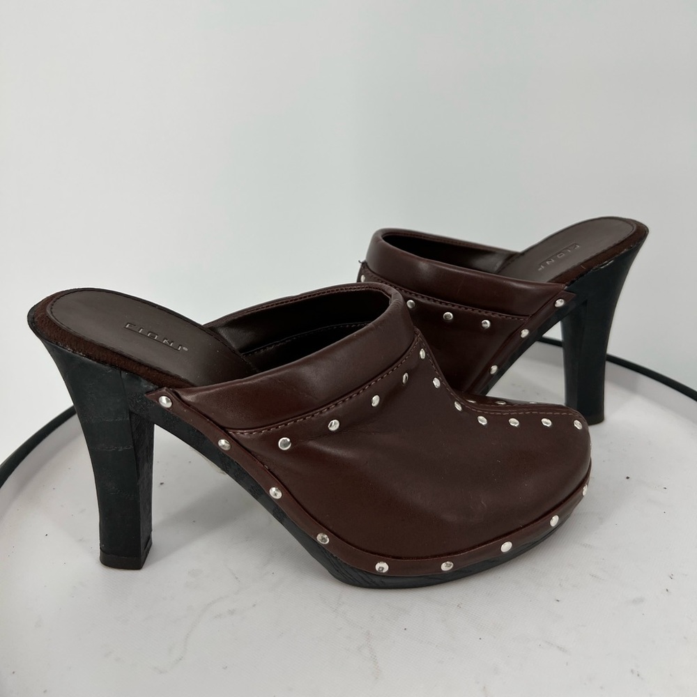 FIONI NWOT‎ VINTAGE STUDDED HEELED MULE CLOGS VEGAN CHOCOLATE BROWN LEATHER